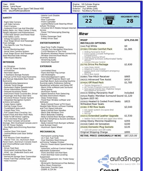 2018 Land Rover Range Rover Sport Hse из США, поврежденный, VIN SALWR2RKXJA189244